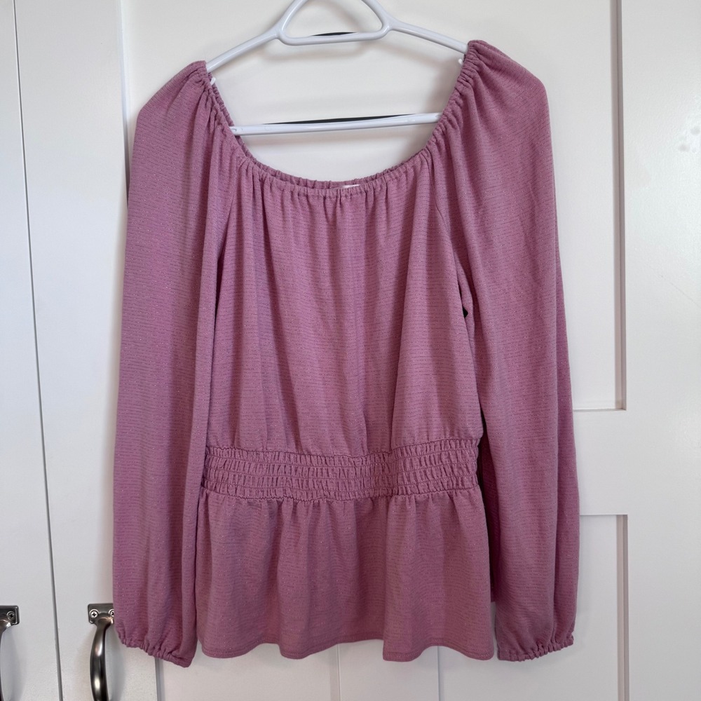 Lauren Conrad Pink with Glitter Stripes Women's Size Medium Smocked Off-Shoulder